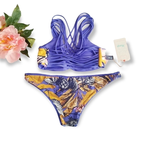 Maaji Blue Floral Reversible Strappy Cheeky Bikini Set S M - Picture 4 of 13